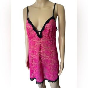 Secret Treasures Pink Black Sheer Barbie Romantic Lace Lingerie Mini Slip Dress